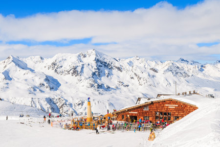 HOCHGURGL-OBERGURGL SKI AREA, AUSTRIA - JAN 31, 2018: View of mountain hut restaurant in Obergurgl ski area on sunny winter day, Tirol, Austria.のeditorial素材