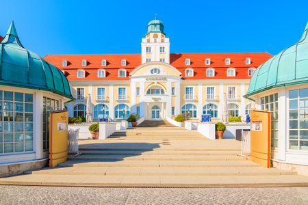 BINZ, RUEGEN ISLAND - MAY 29, 2018: historical spa building in Binz summer resort on Baltic Sea coast, Germany. Ruegen is popular tourist destination because of its resort architecture.のeditorial素材
