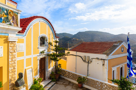 KARPATHOS ISLAND, GREECE - SEP 29, 2018: Facade of church in Olympos which is most authentic village on the island and is located in mountains.のeditorial素材