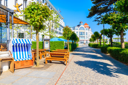 BINZ, RUEGEN ISLAND - MAY 29, 2018: historical villa buildings in Binz summer town on Baltic Sea coast, Germany. Ruegen is popular tourist destination because of its resort architecture.のeditorial素材