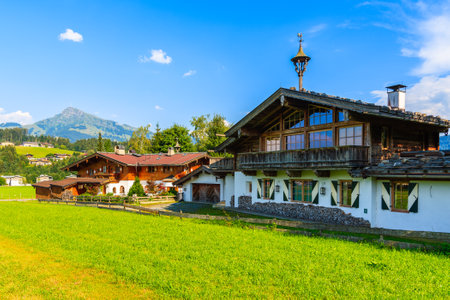 Typical alpine houses in countryside landscape near Kitzbuhel town, Tirol, Austriaのeditorial素材