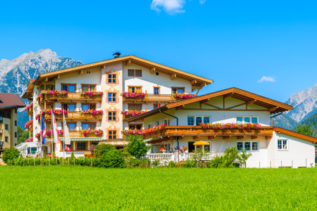 Green meadow with typical houses in background in Pertisau town, Achensee lake, Tirol, Alps Mountains, Austriaのeditorial素材