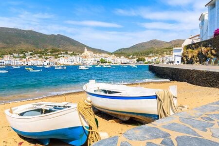 Fishing boats on beach in Cadaques white village, Costa Brava, Spainの写真素材