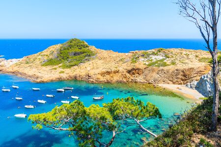 Boats in beautiful sea bay with beach near Sa Tuna village, Costa Brava, Spainの写真素材