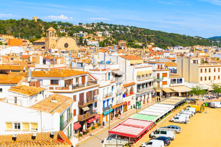 White houses and church in old town of Tossa de Mar, Costa Brava, Spainのeditorial素材