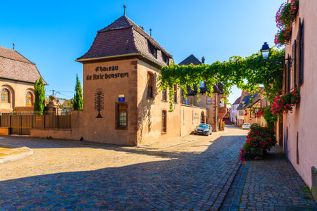 ALSACE WINE REGION, FRANCE - SEP 20, 2019: Street with typical houses in Kaysersberg picturesque village which is located on Alsatian Wine Route, France.のeditorial素材