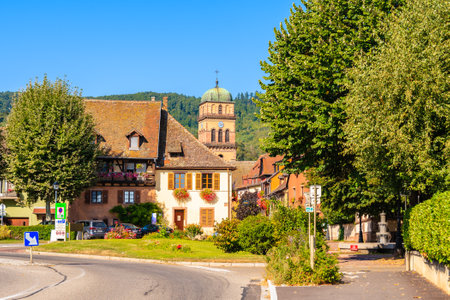 ALSACE WINE REGION, FRANCE - SEP 20, 2019: Street with typical houses in Kaysersberg picturesque village which is located on Alsatian Wine Route, France.のeditorial素材