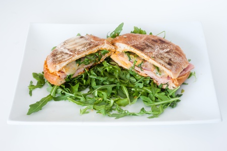 turkey panini sandwich with melted cheese on white plateの写真素材