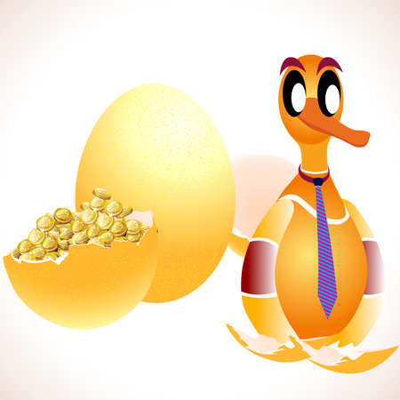 Brilliant golden coins hatched from the egg, isolated on a white background.のイラスト素材