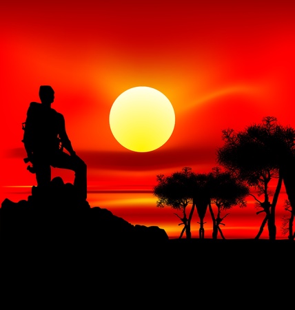 illustration of backpacker standing on top of mountainのイラスト素材
