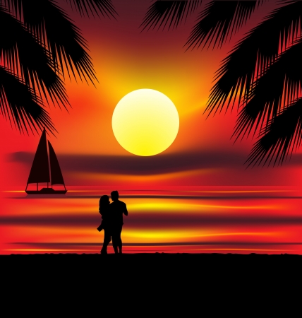 Two lovers on the beach with tropical sunset, palms, sea and island behind them