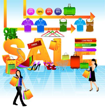 colorful illustration sale and walking girlsのイラスト素材