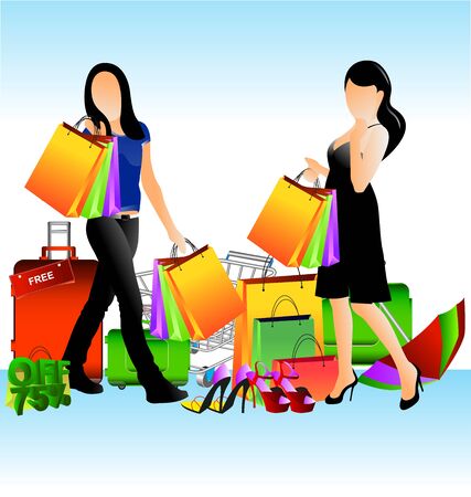 colorful illustration sale and walking girlsのイラスト素材