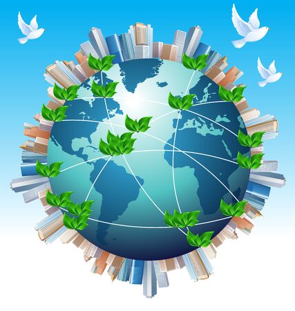 illustration of urban cityscape around earth with flying pegeonのイラスト素材