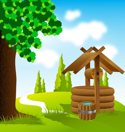 landscape with old wooden well and bucket of waterのイラスト素材
