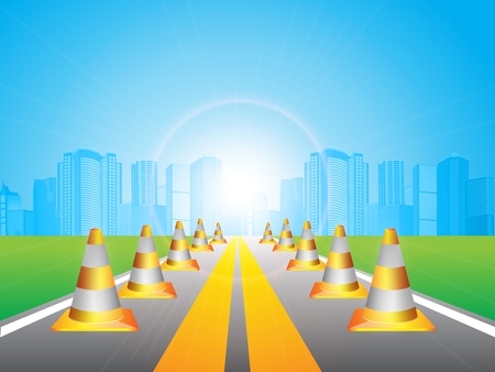 illustration, long road in city under blue skyのイラスト素材