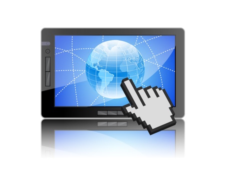 Tablet PC with world map and hand cursorのイラスト素材