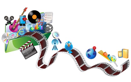 computer, business, shopping, science, education and music icons in folderのイラスト素材