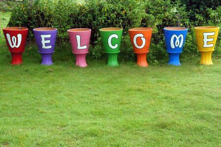Welcome sign, at the flower potの写真素材