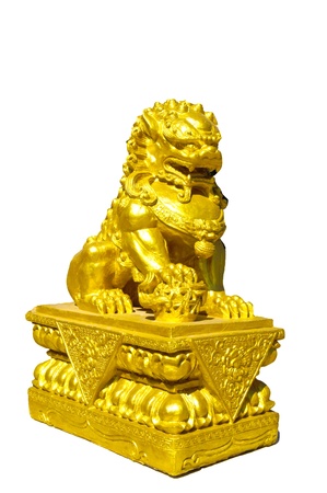 Golden Chinese lion isolateの写真素材