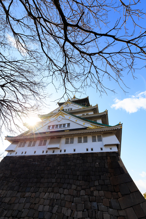 Osaka Castle with cherry tree in foreground and blue sky in backgroundのeditorial素材
