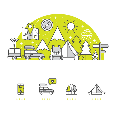 Camping  banner and icons with White Backgroundのイラスト素材
