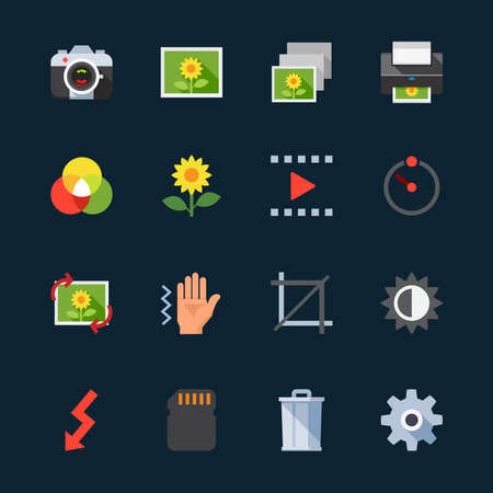 Photography and Camera Function Icons with Black Backgroundのイラスト素材