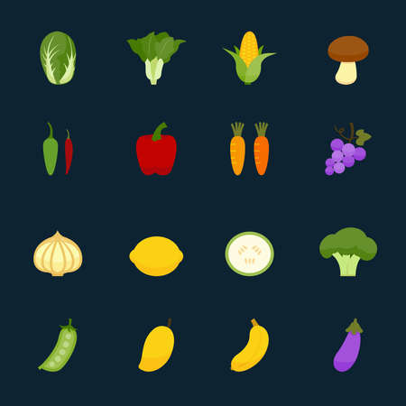 Vegetables and Fruits Icons with Black Backgroundのイラスト素材