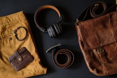 Men's accessories set, lay flat on blackの写真素材