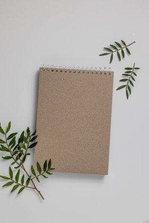 Summer wedding stationery mock-up scene. Brown notebook, blank greeting card, craft paper envelope and green branches isolated on white table background. Feminine Mediterranean top view, flat lay.の写真素材