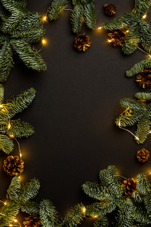 garland of fir branches and cones and lights on a black background with copy spaceの写真素材