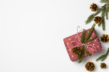 gift box decorated with fir branches and cones on a white background with copy spaceの写真素材