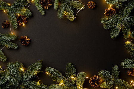 garland of fir branches and cones and lights on a black background with copy spaceの写真素材