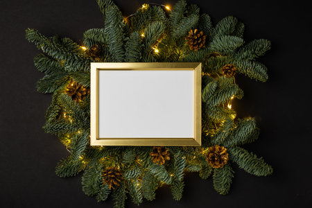 Empty golden border with garland of fir branches and cones and lights on a black background.の写真素材