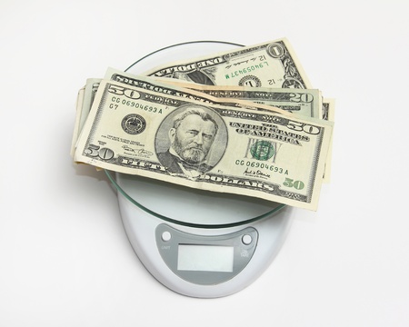US currency notes on a weighing scaleの写真素材