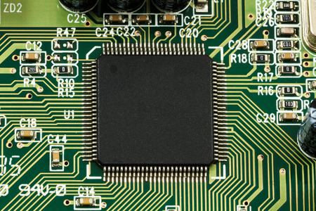 Printed Circuit Board (PCB) with, ICs, Capacitors, and Resistorsの写真素材