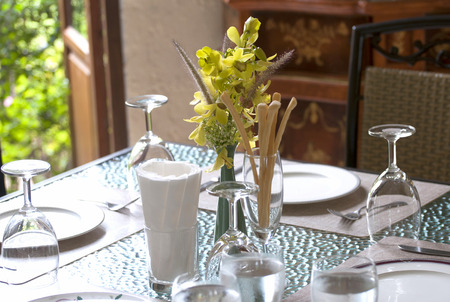 Fine table setting in restaurantの写真素材