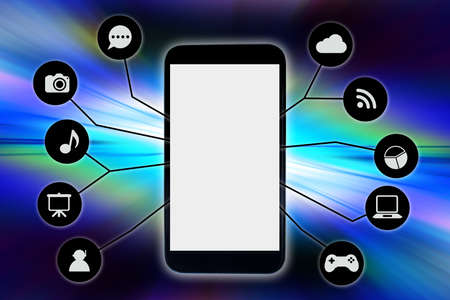 smartphone on grass backgroundの写真素材