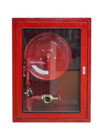 Red Fire Hose Cabinet isolated on whiteの写真素材