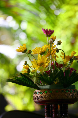 Bouquet of simple flowers on green backgroundの写真素材