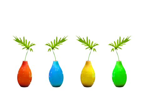leaves in vase isolated on white backgroundの写真素材