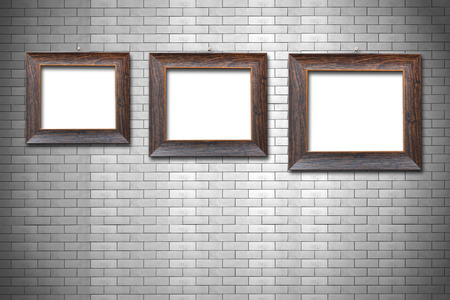 Wooden frame on brick wall backgroundの写真素材