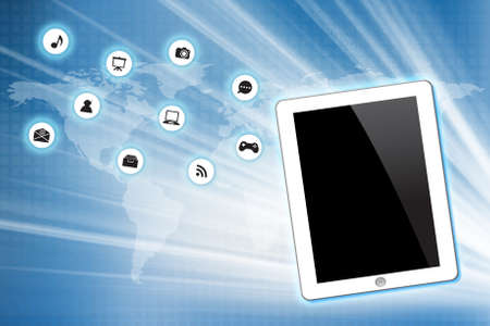 White Tablet pc with icon on technology background