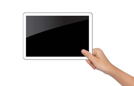 Female hand holding tablet pc isolated on whiteの写真素材