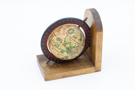Vintage Wood Globe Earth on a White Backgroundの写真素材