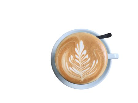 cup of latte art coffee with foam isolated on white, top viewの写真素材