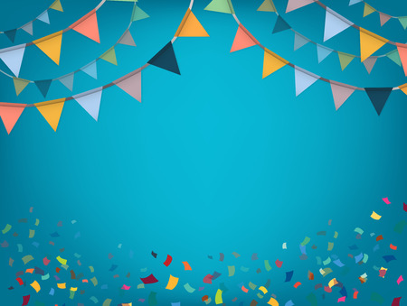 Celebrate banner. Party flags with confetti. Vector illustration.のイラスト素材