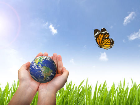 Earth planet and butterfly in female hand on blue skyの写真素材
