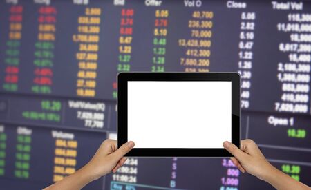 Female Hand holding tablet over blured background - mockup templateの写真素材