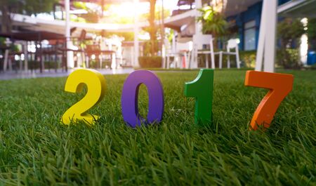 Wooden yellow, violet, green and orange on green grass - Concept number of Happy New Year 2017. -Sunlight filter effectの写真素材